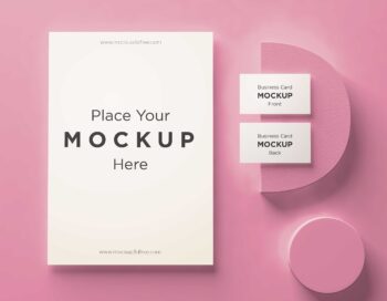 pink business card mockup flat lay