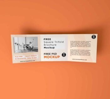 Free Square Trifold Brochure Mockup PSD with realistic shadows on orange background, high-resolution Photoshop template for brochure design presentation