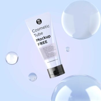 Cosmetic cream tube mockup with blue background and bubbles