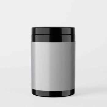 black jar with white studio background with gray label area for mockup